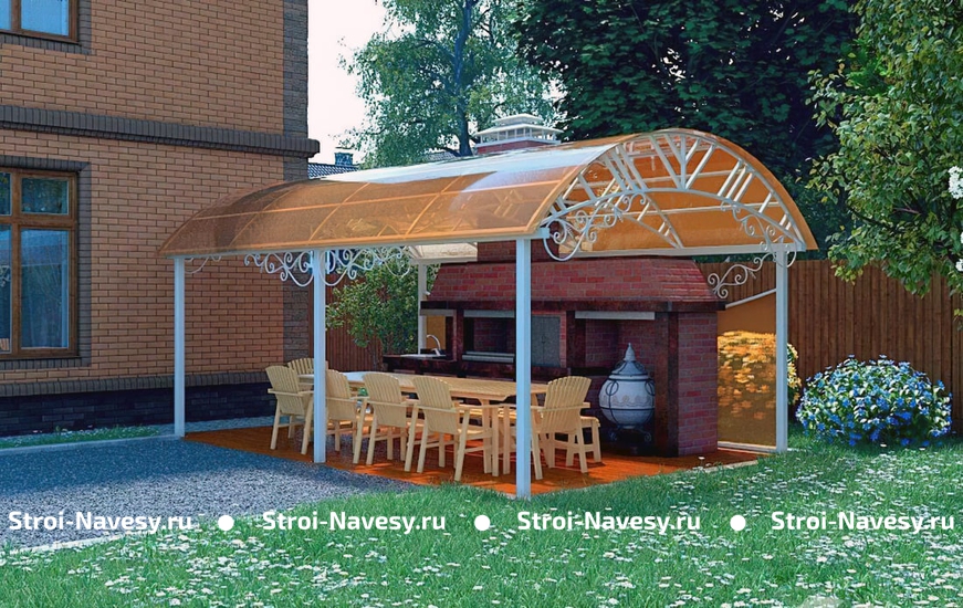 Навес из поликарбоната арочный для зоны отдыха на даче и мангальной зоны Навес из поликарбоната арочный для зоны отдыха на даче и мангальной зоны