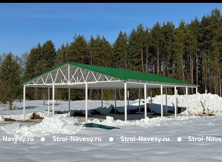 Навес из профильной трубы и профнастила двускатный для авто и промышленного назначения Навес из профильной трубы и профнастила двускатный для авто и промышленного назначения