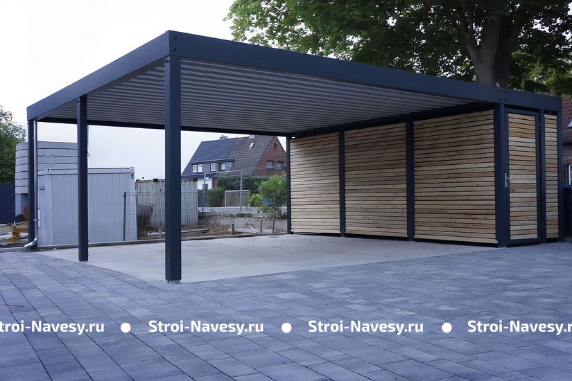 Навес автомобильный из профнастила односкатный в стиле хай-тек Навес автомобильный из профнастила односкатный в стиле хай-тек
