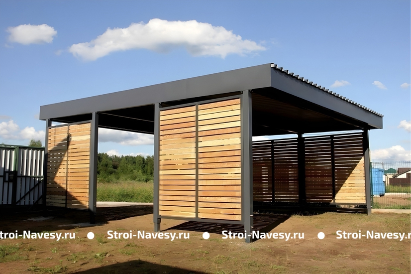 Навес из профнастила односкатный в стиле high-tech для дачной зоны отдыха и автомобилей