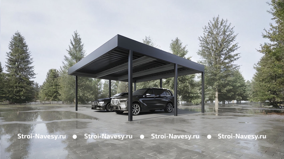 Навес для двух машин из черного профлиста односкатный high-tech Навес для двух машин из черного профлиста односкатный high-tech