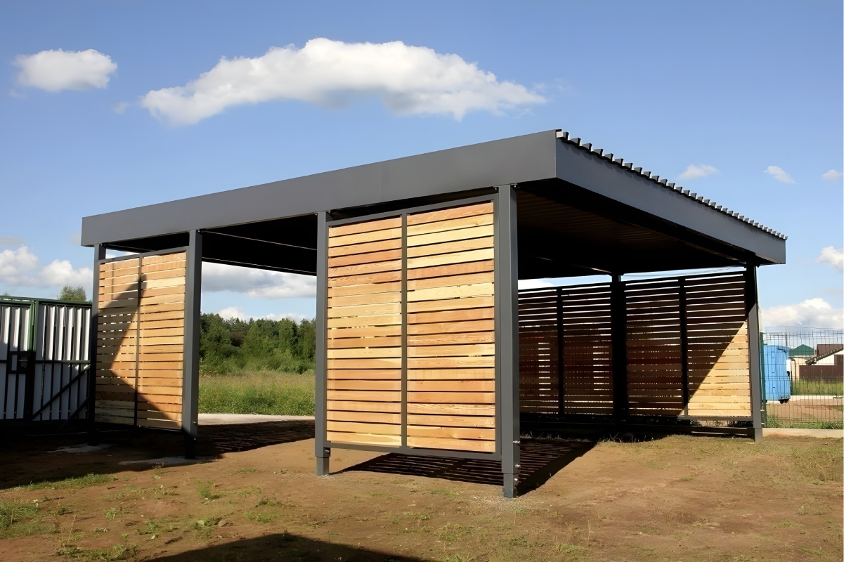 Односкатный автонавес из поликарбоната в стиле хай-тек для автомобиля с закрытыми боковинами Арочный автонавес двойной с поликарбонатом